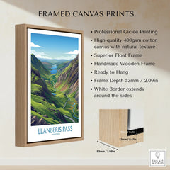 Framed canvas print of Llanberis Pass Snowdonia landscape in float wooden frame, wall art details.