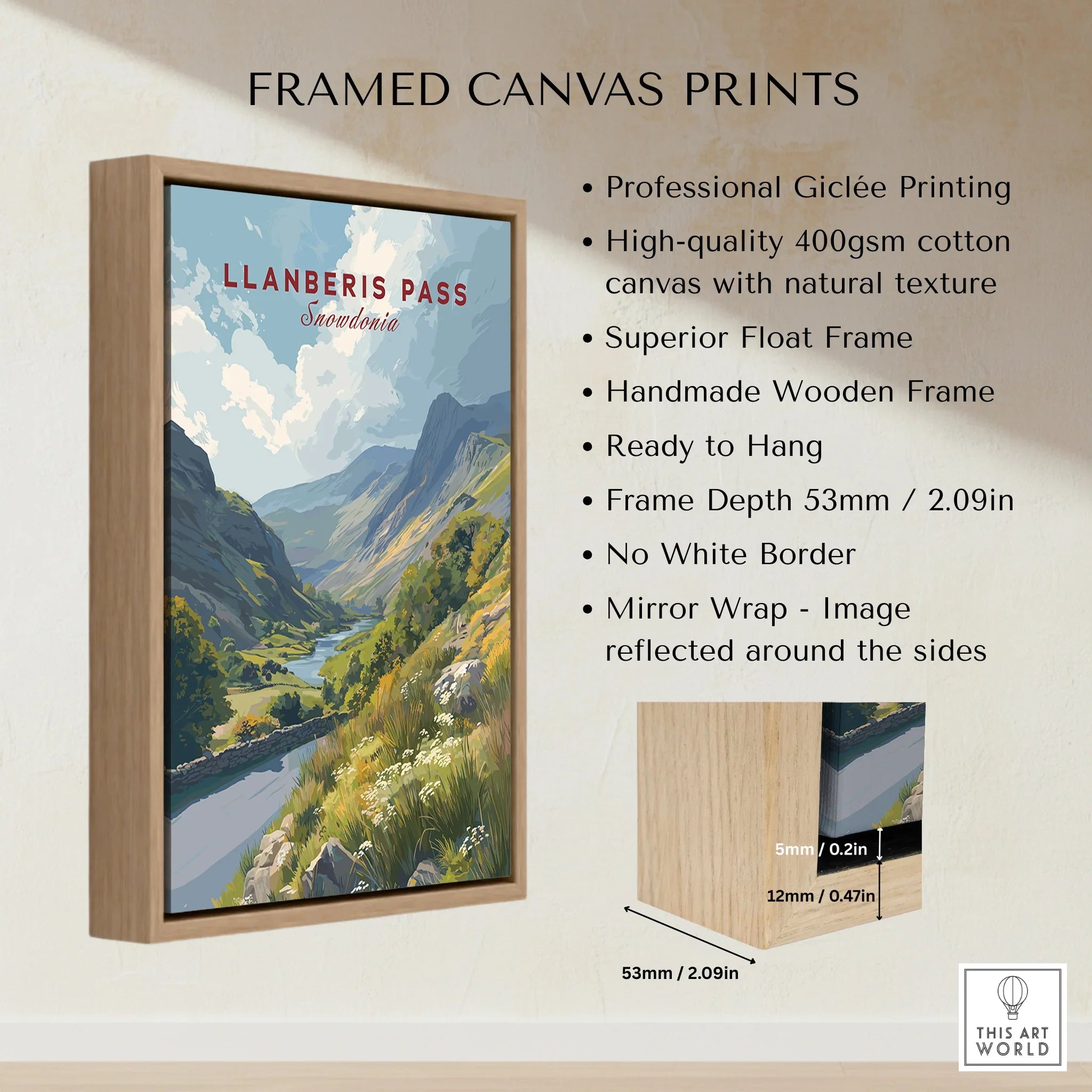 Llanberis Pass Snowdonia framed canvas print with float frame and scenic mountain artwork