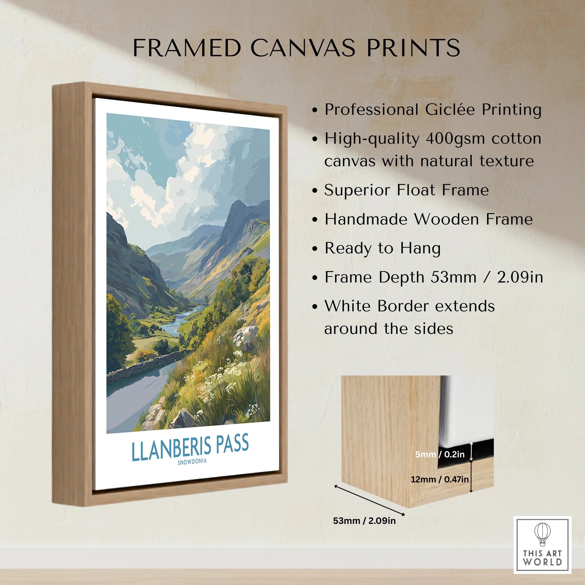 Framed canvas print of Llanberis Pass landscape art in wooden float frame, wall decor