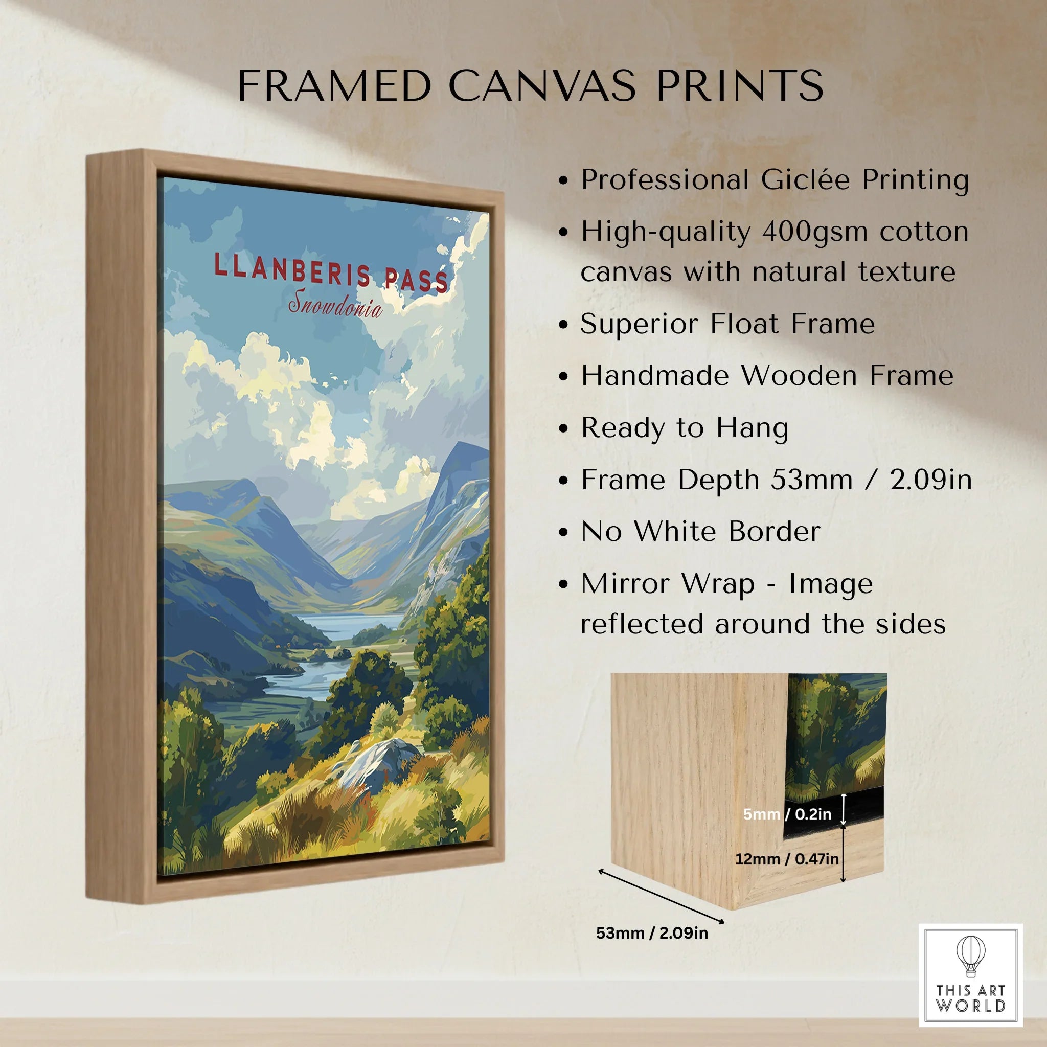 Framed canvas print of Llanberis Pass landscape in float wooden frame, home decor wall art