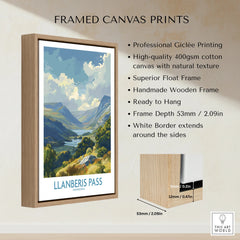 Framed canvas print of Llanberis Pass Snowdonia landscape, handmade wooden float frame detail.