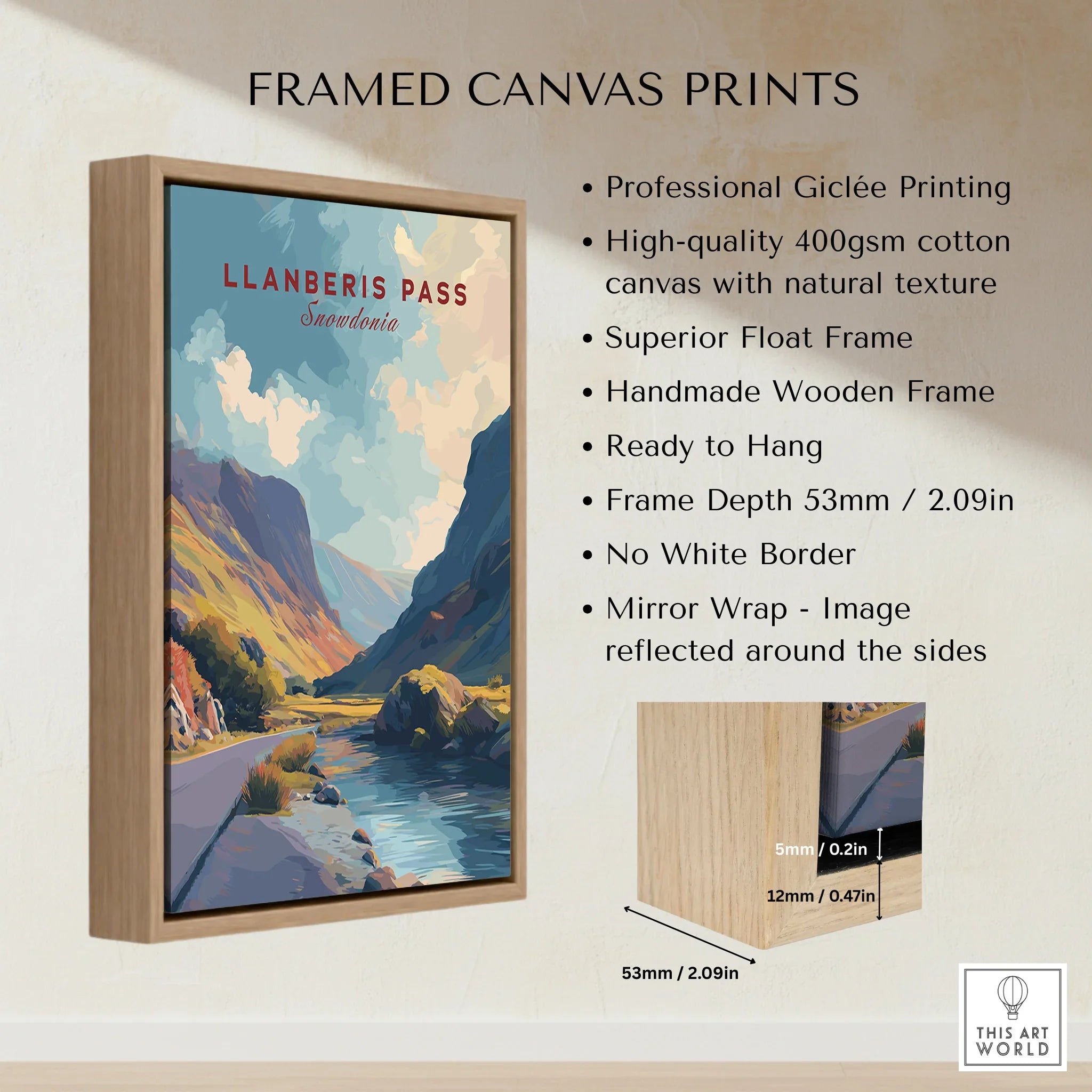 Llanberis Pass Snowdonia wall art in float frame, scenic landscape canvas print