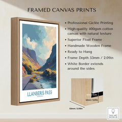 Framed canvas print of Llanberis Pass landscape with mountains, river, and wooden float frame.