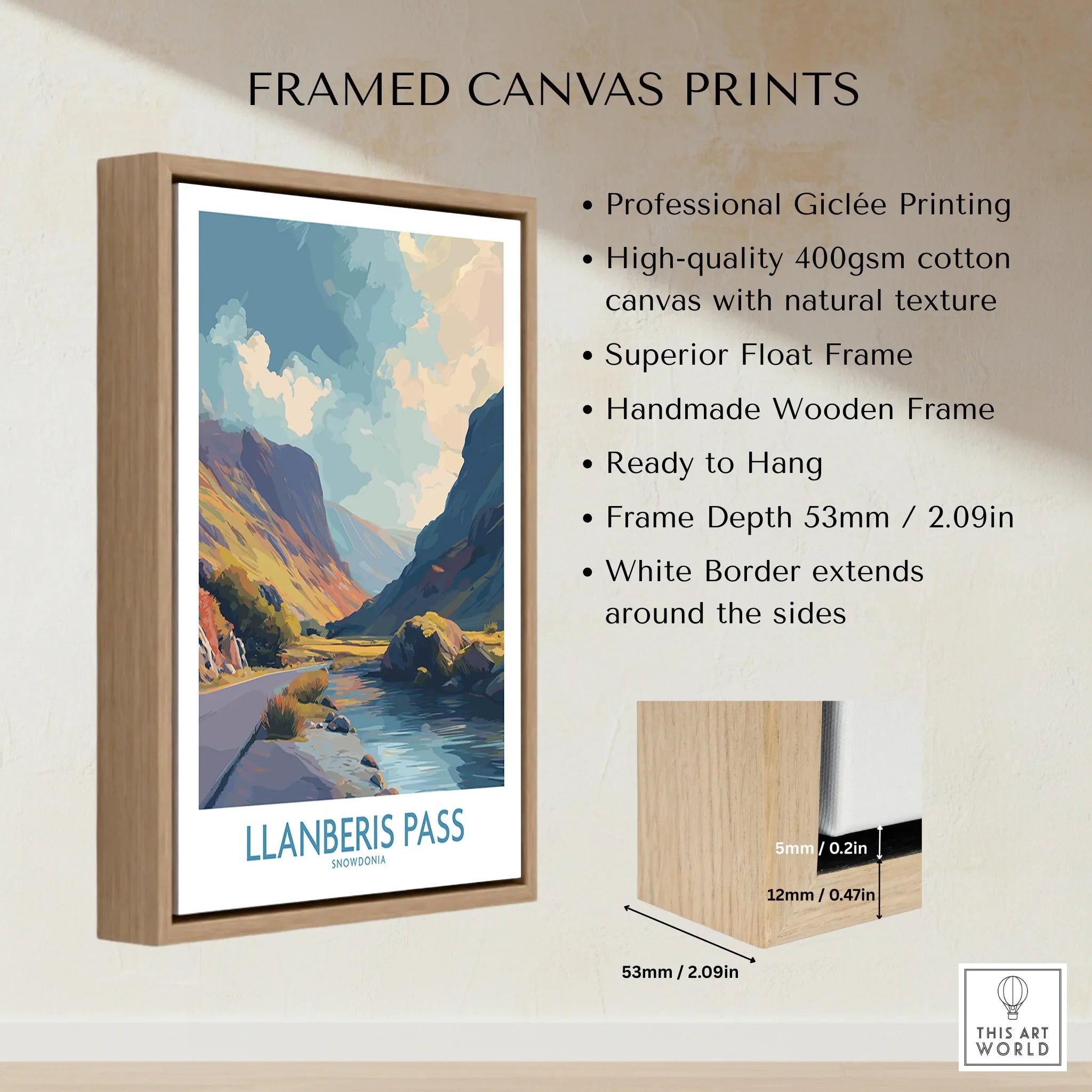 Framed canvas print of Llanberis Pass landscape with mountains, river, and wooden float frame.