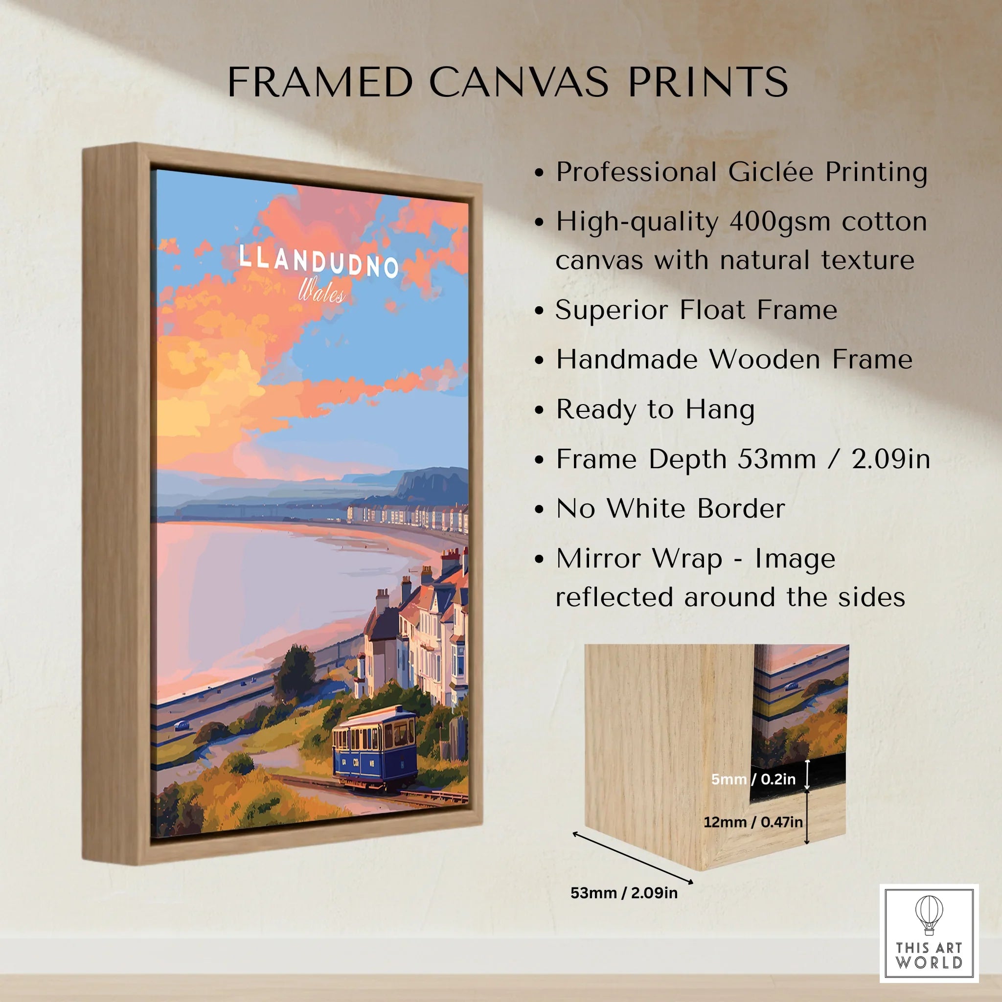 Framed canvas print of Llandudno Wales travel art with beach, houses, and float frame details