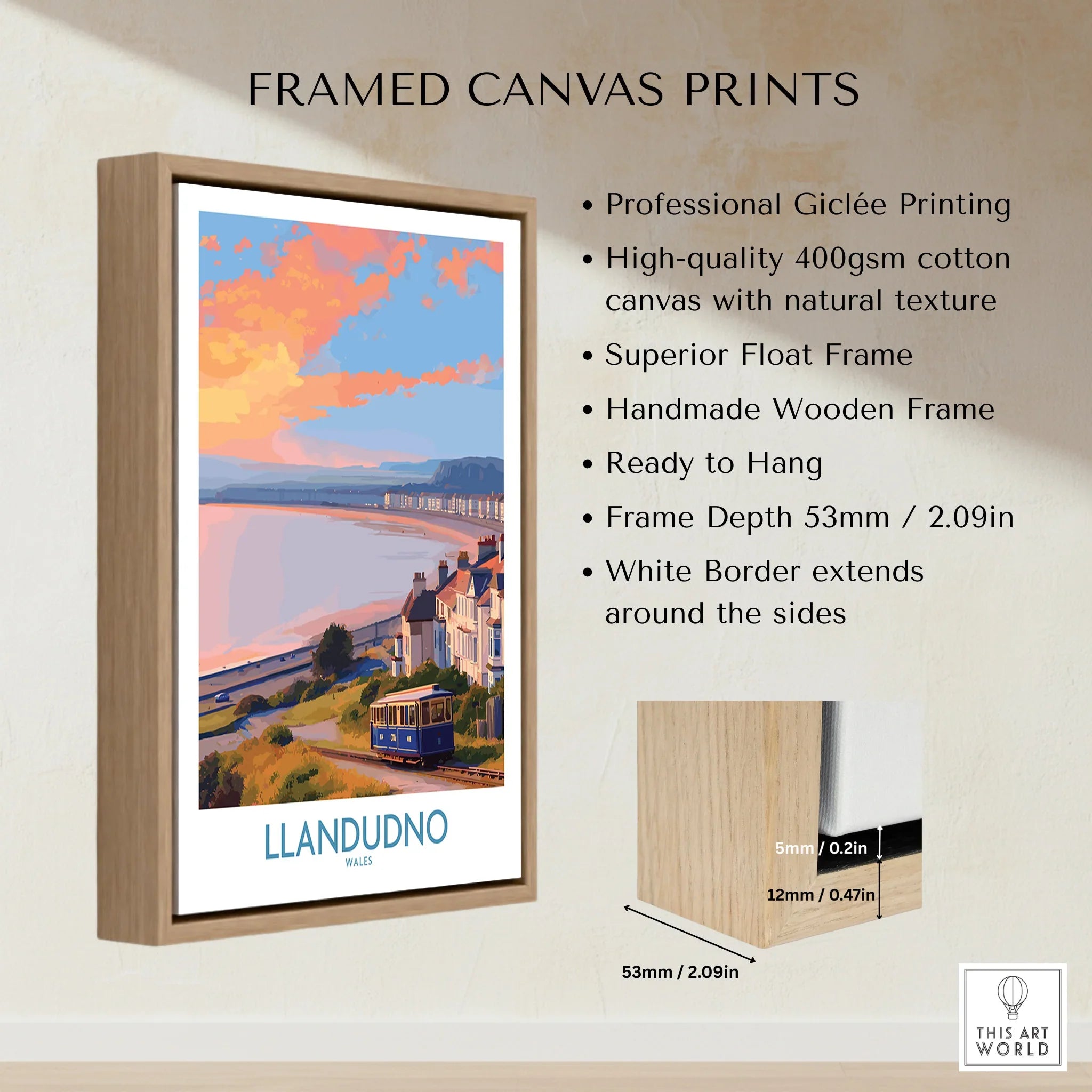 Framed canvas print of Llandudno Wales travel poster with wooden float frame and vibrant sunset.
