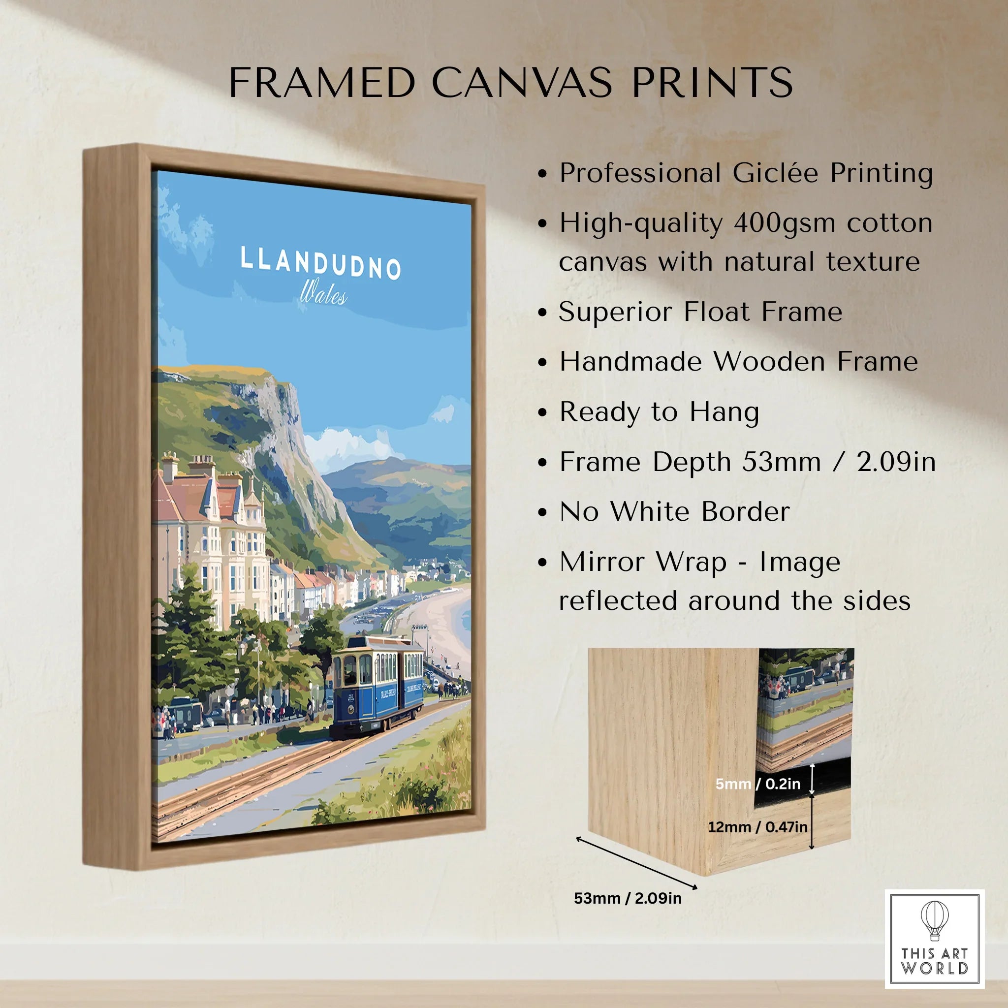 Framed canvas print of Llandudno Wales travel poster in wooden float frame with quality details.