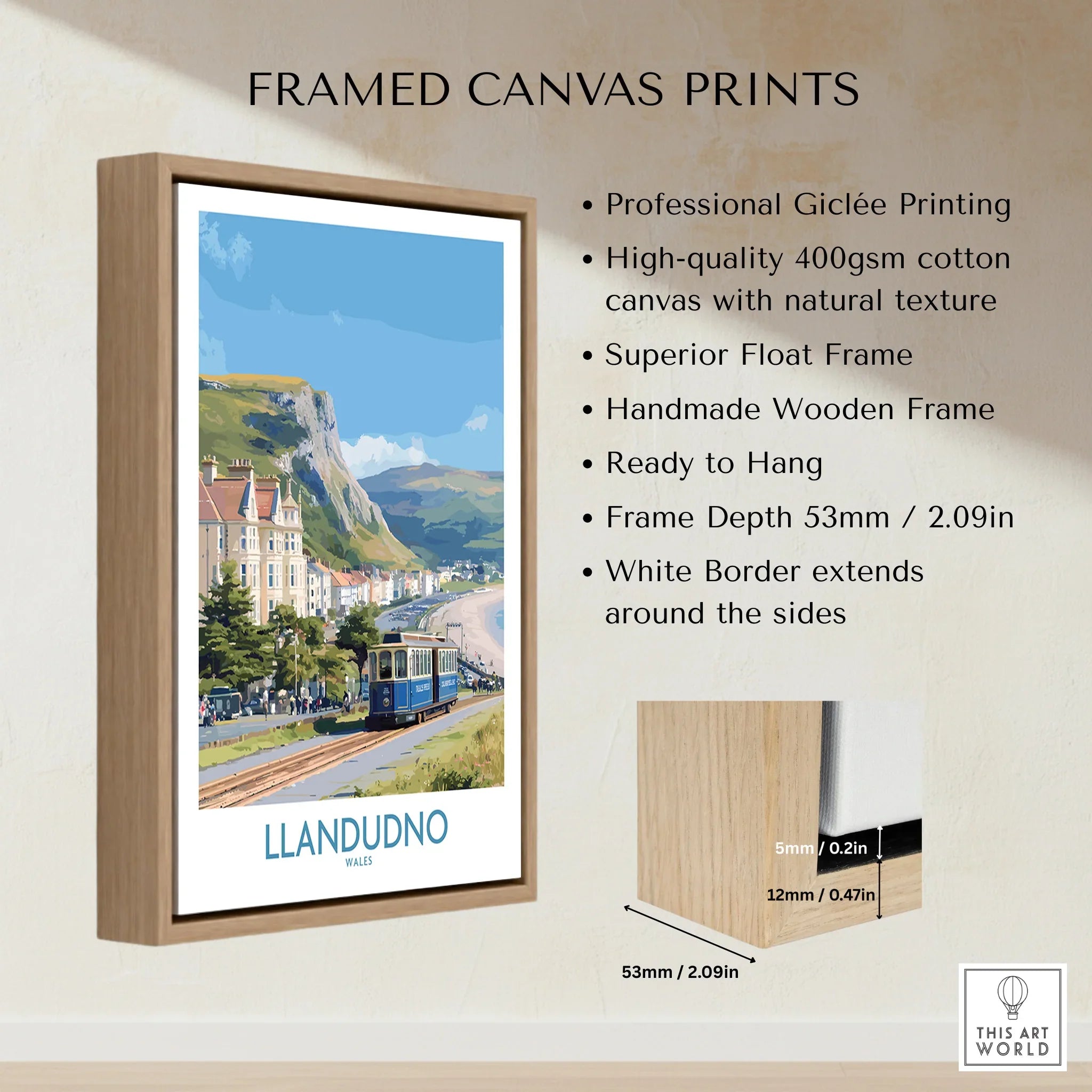 Llandudno travel poster in a handmade wooden float frame, showcasing coastal scenery wall art.