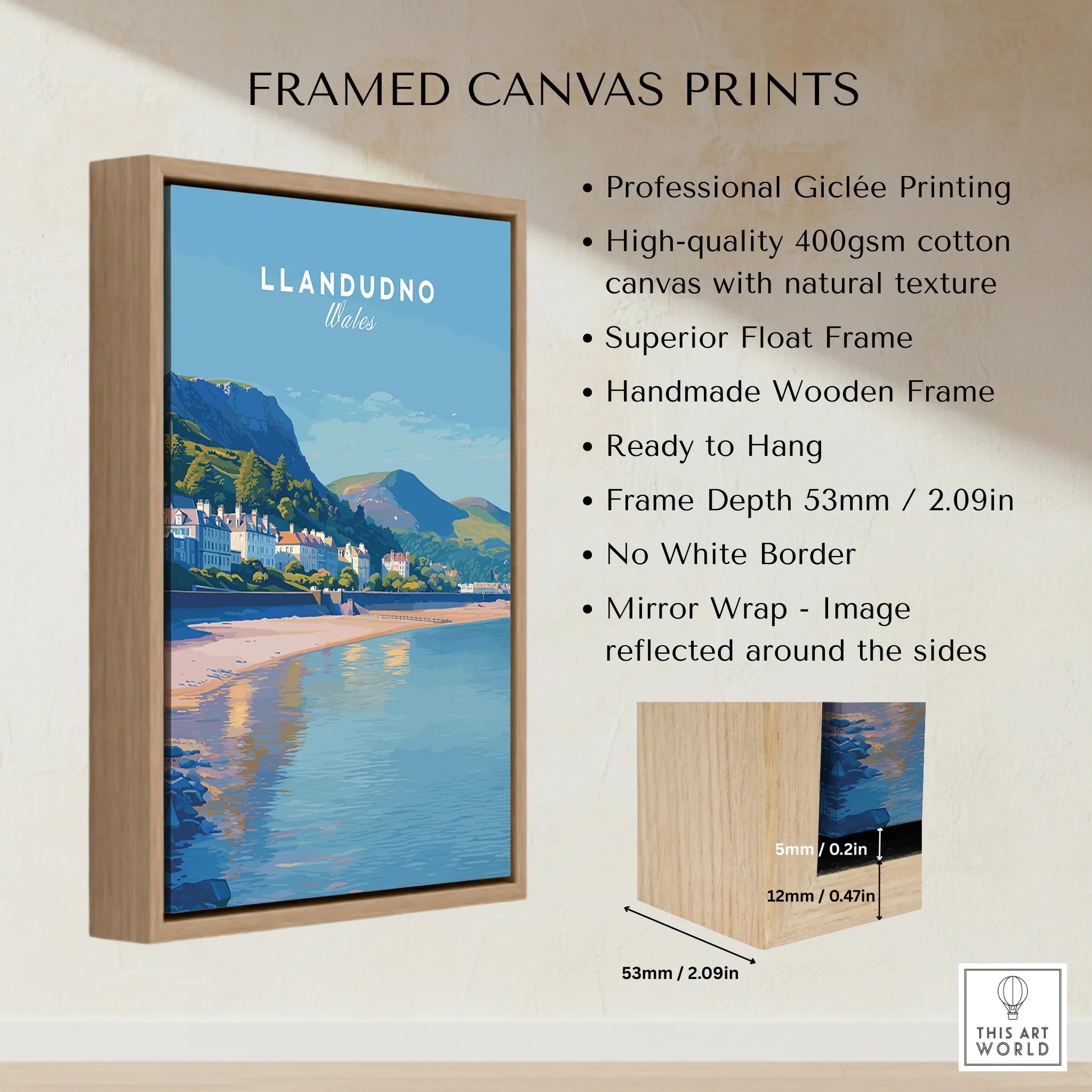 Llandudno Wales travel art poster in wooden float frame, canvas print details listed
