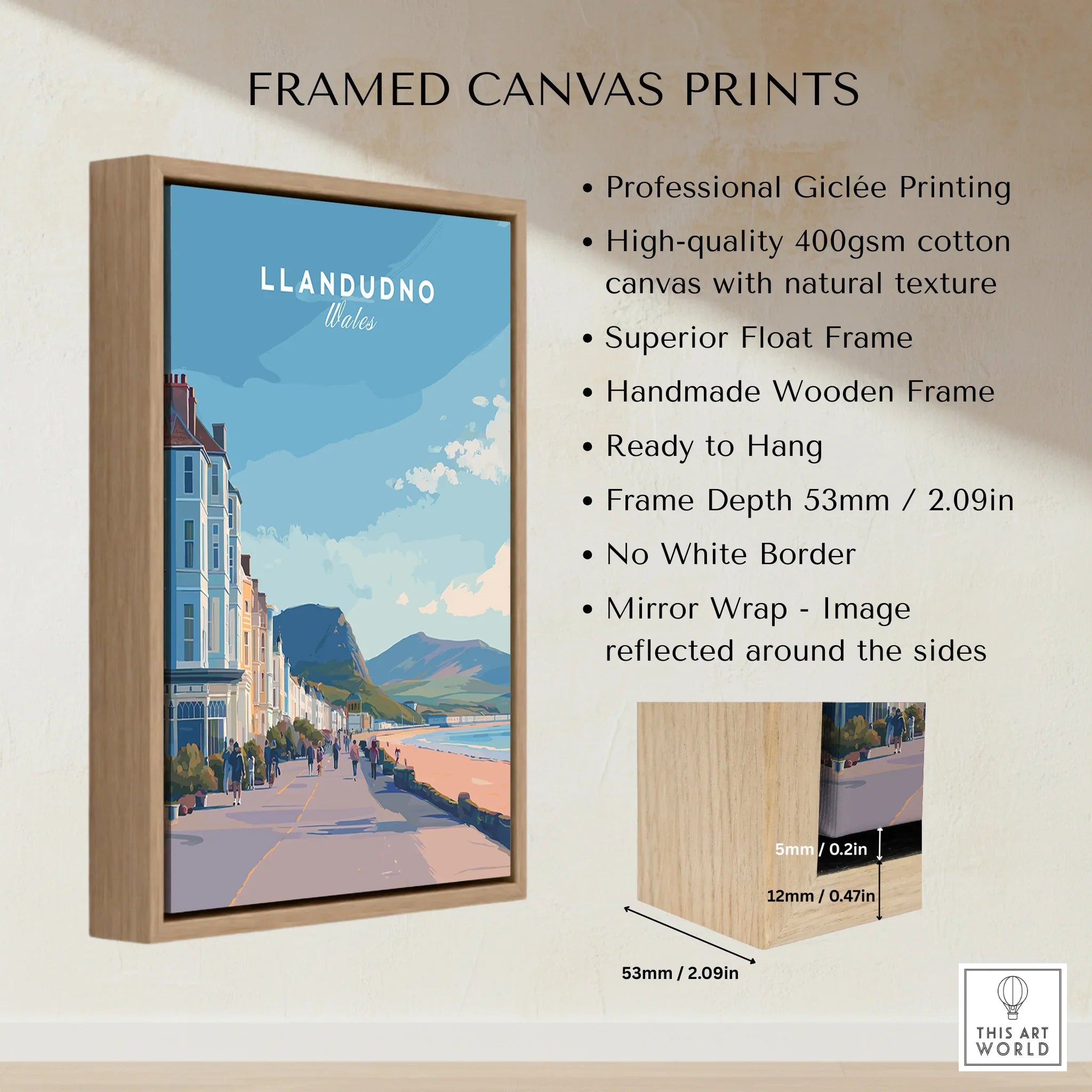 Llandudno Wales travel poster framed canvas print with wooden float frame and coastal artwork