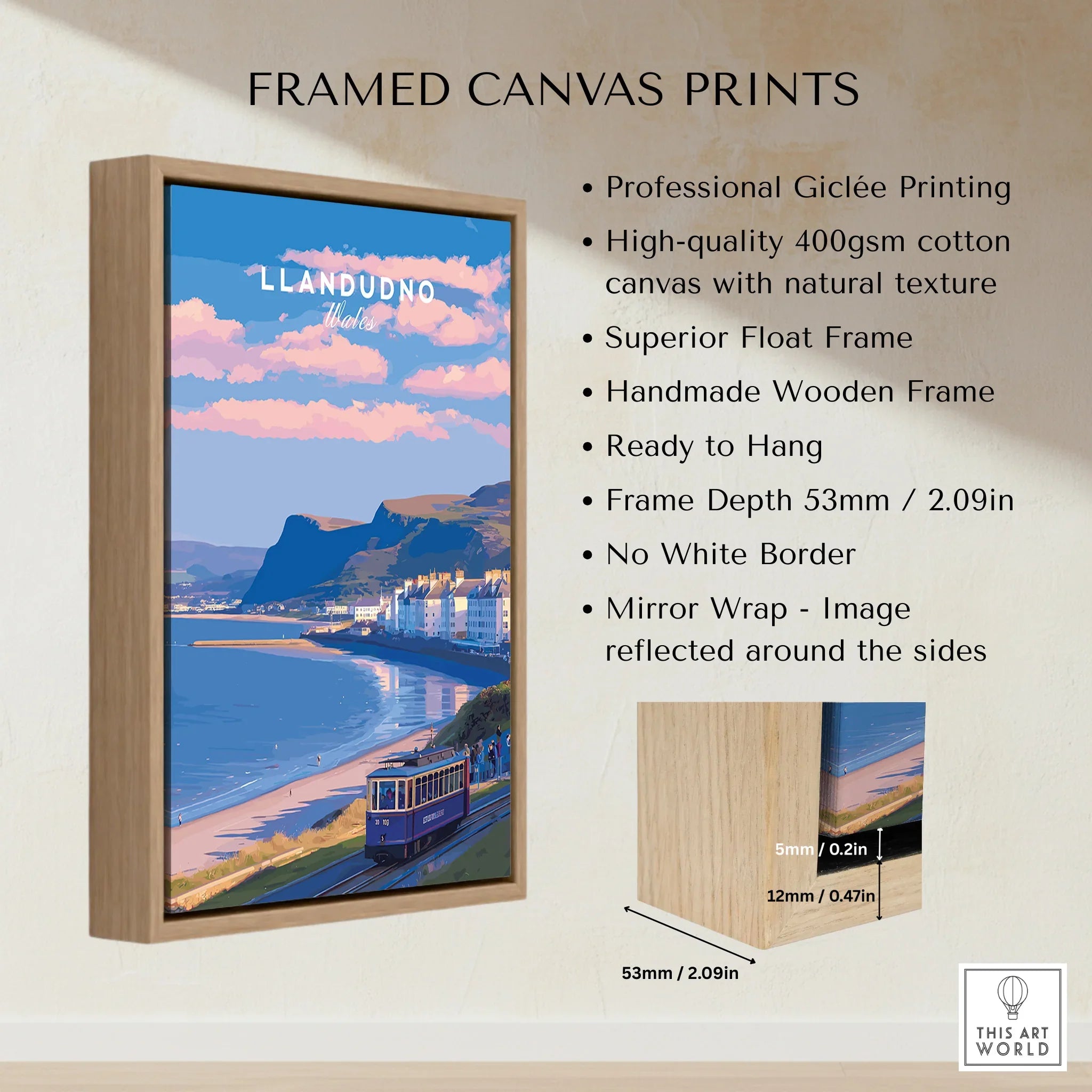Llandudno travel poster framed canvas print with wooden float frame and tramway scene