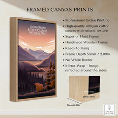 Framed canvas print of Loch Lomond National Park with float frame and mountain artwork details.