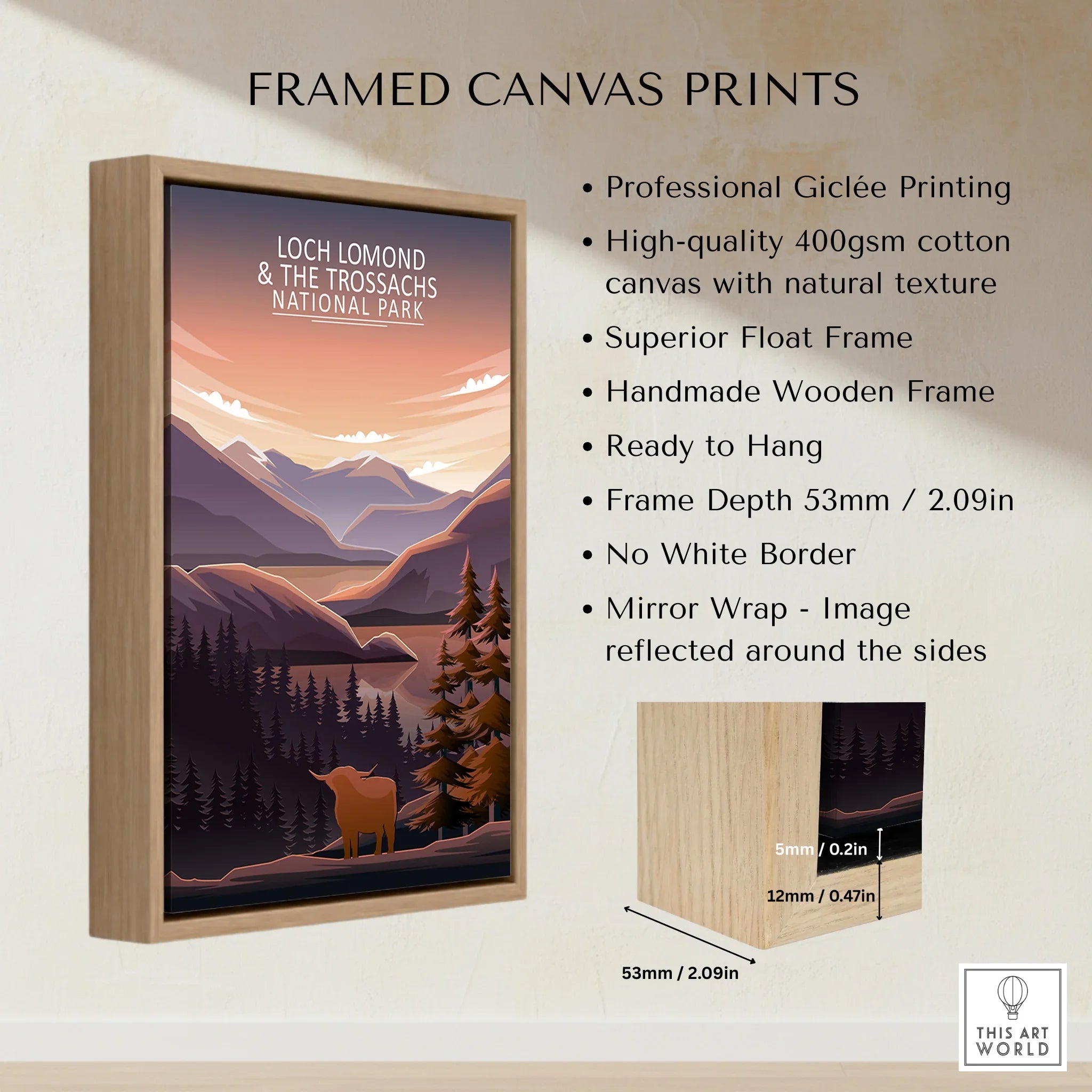 Framed canvas print of Loch Lomond National Park with float frame and mountain artwork details.