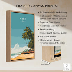 Lomé Togo Travel Posters | West African Beach & Palms Wall Art Print displayed in a handmade wooden frame.