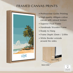 Lomé Togo Canvas Print | Tropical Coastal Village Scene Posters displayed in a handmade wooden frame with professional giclée printing.