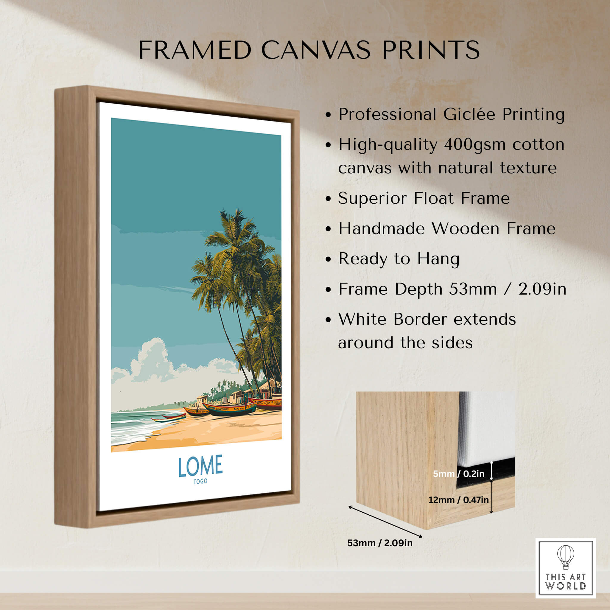 Lomé Togo Canvas Print | Tropical Coastal Village Scene Posters displayed in a handmade wooden frame with professional giclée printing.