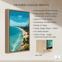 Lomé Togo Wall Art Print | Tropical Beach Travel Poster, framed canvas art showcasing beautiful Lomé beach scene.