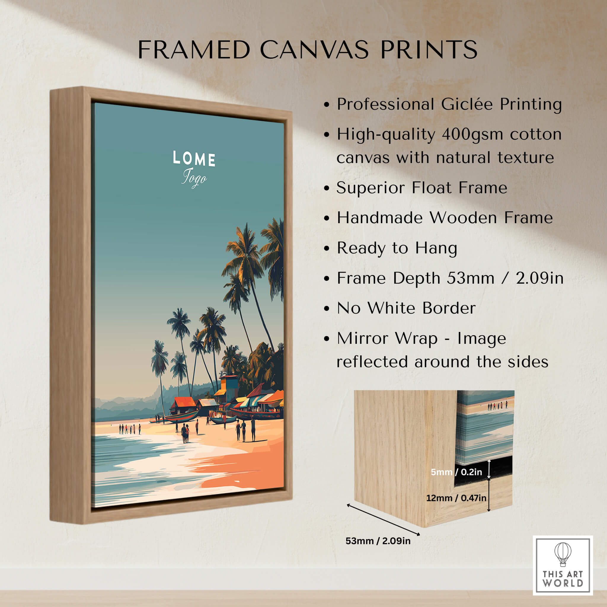 Lome Togo Poster Print Africa framed canvas with vibrant beach scene and wooden frame ready to hang.