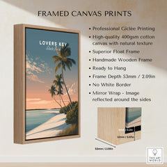 Lovers Key Travel Poster | Florida Sunset Palm Trees Wall Art Print framed canvas print with wooden frame and vibrant colors.