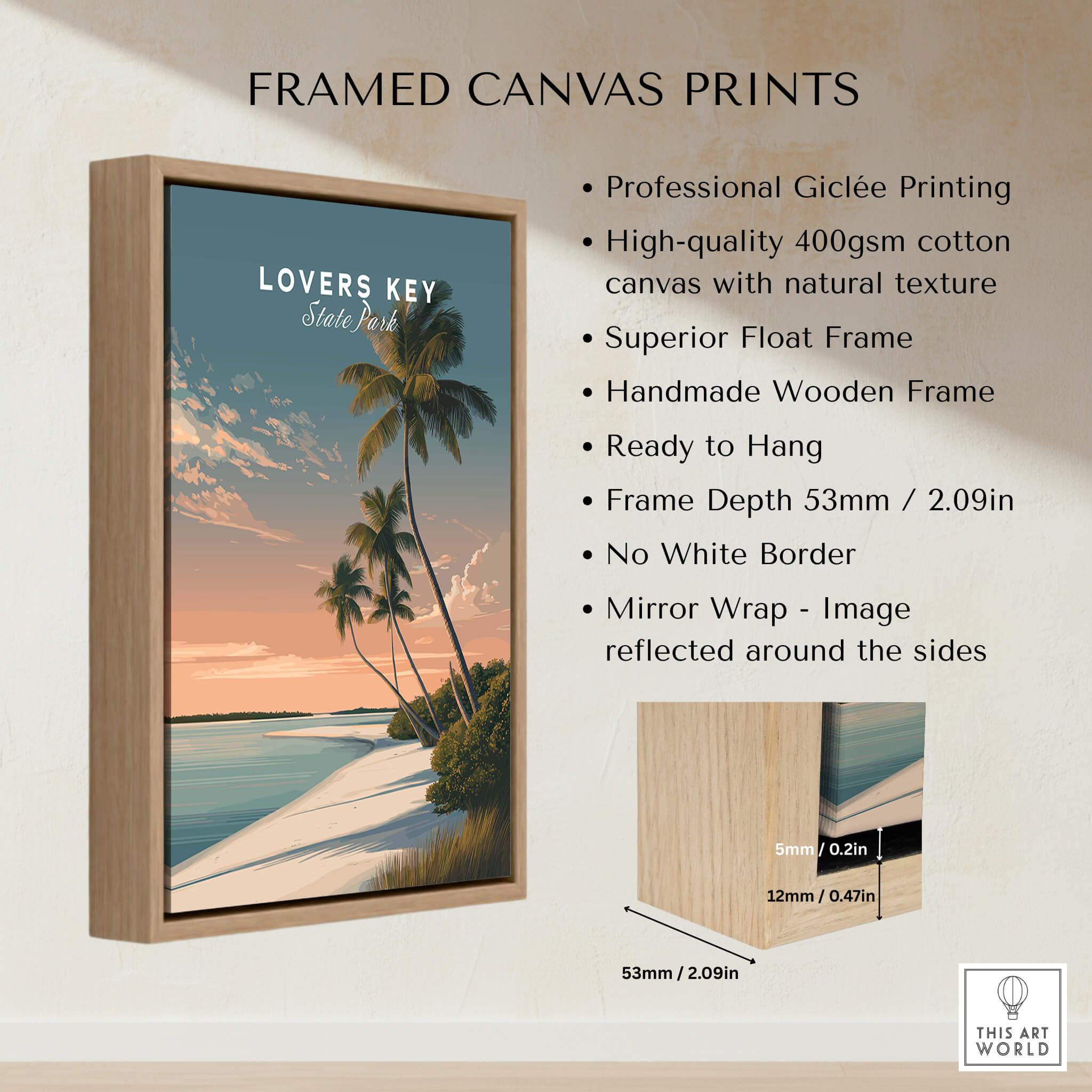 Lovers Key Travel Poster | Florida Sunset Palm Trees Wall Art Print framed canvas print with wooden frame and vibrant colors.