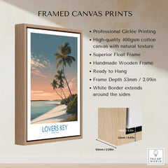 Framed Lovers Key Canvas Print | Florida Gulf Coast Beach Poster showcasing palm trees and sunset over the beach.