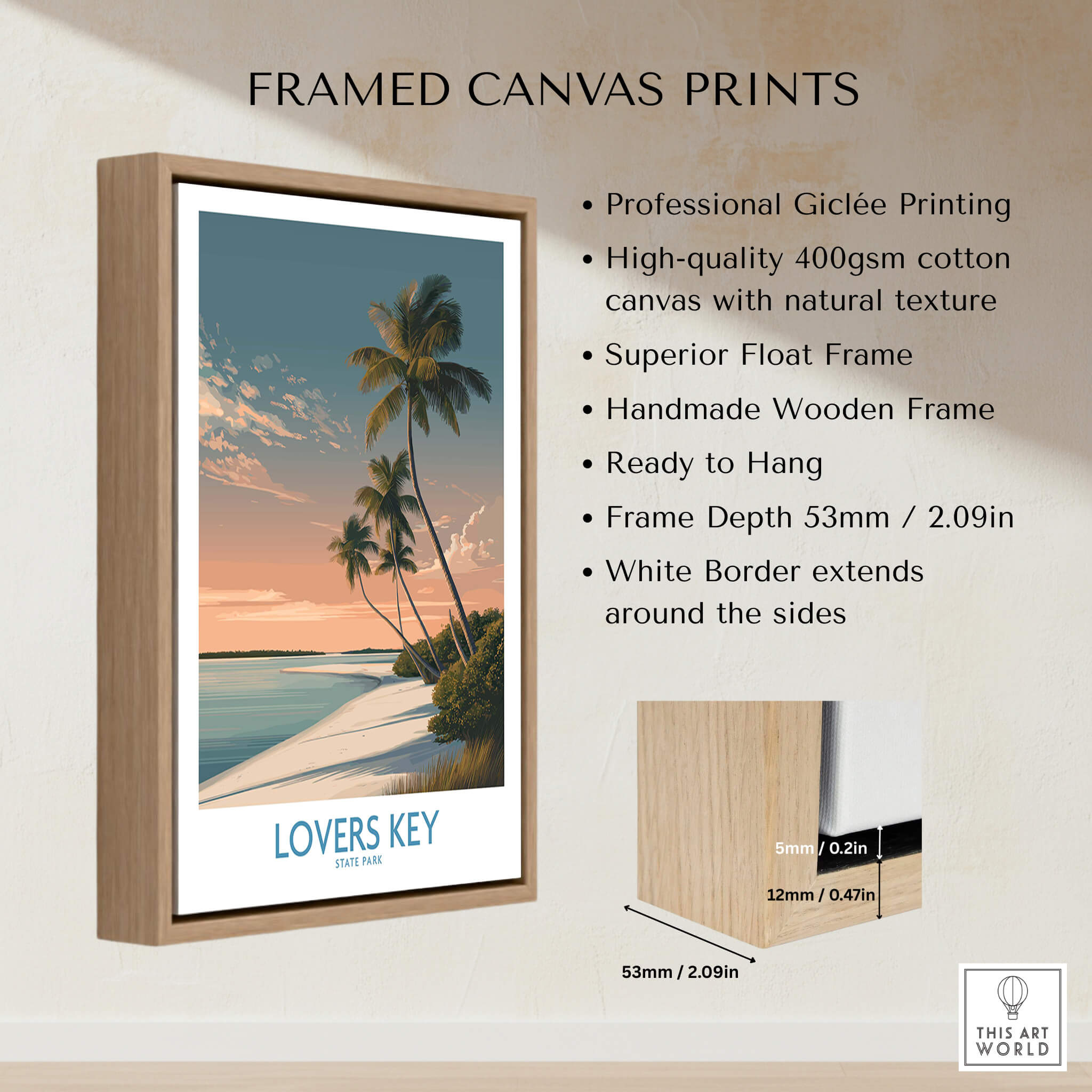 Framed Lovers Key Canvas Print | Florida Gulf Coast Beach Poster showcasing palm trees and sunset over the beach.