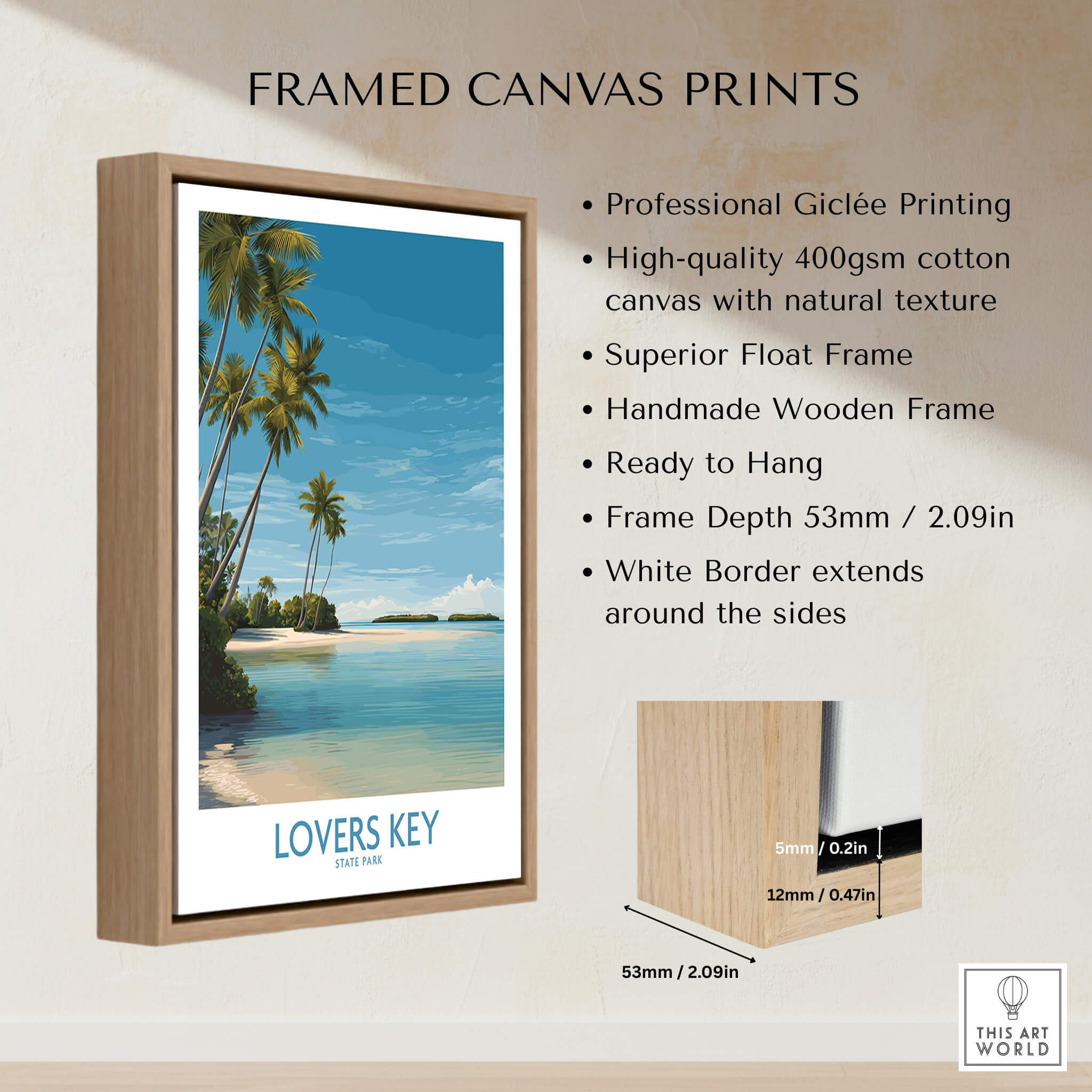 Lovers Key Poster | Florida Canvas Print framed with a wooden float frame and showcasing scenic Florida palm tree imagery.
