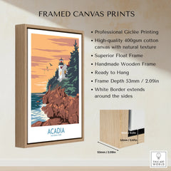 Framed canvas print of Acadia National Park lighthouse, float frame details and features listed.