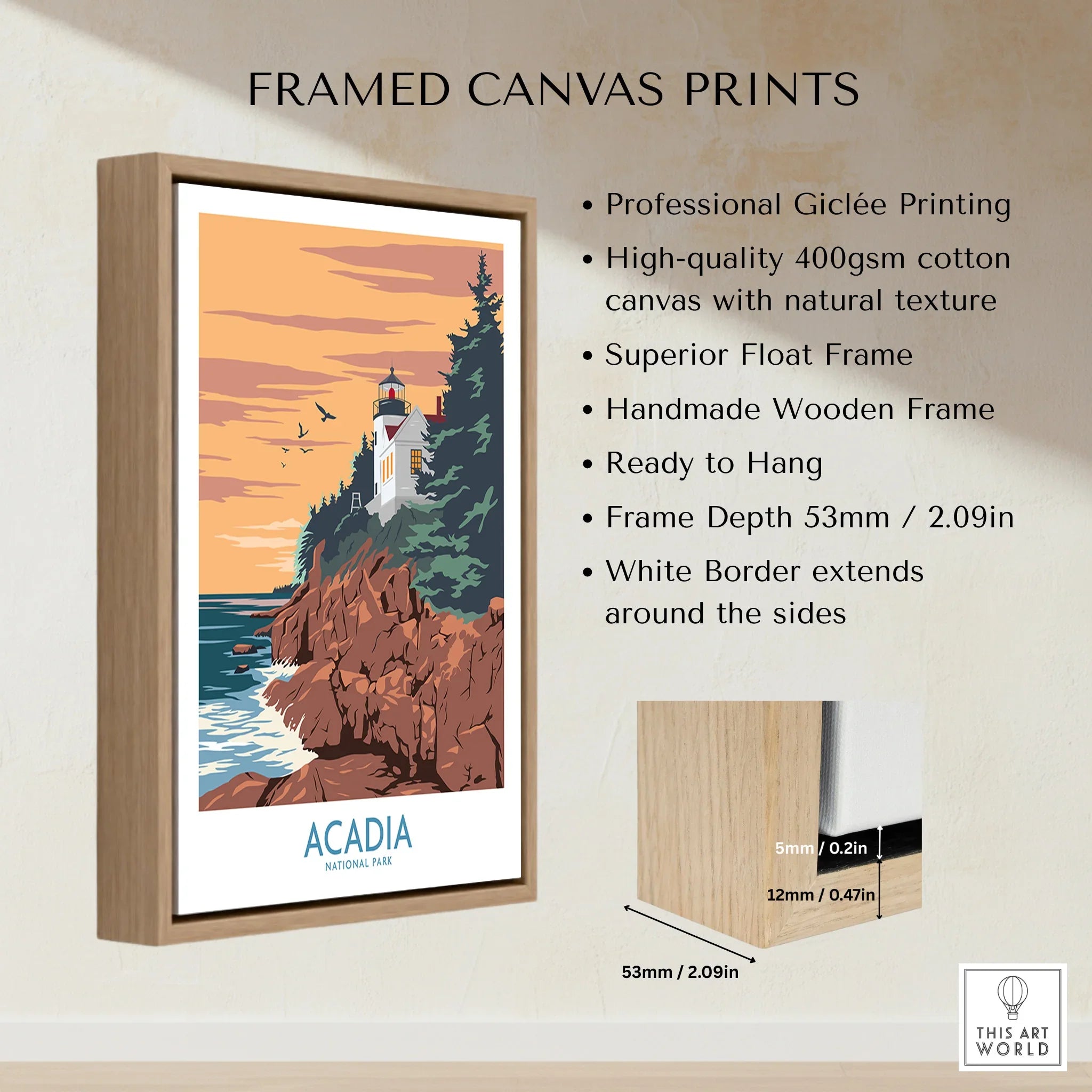Framed canvas print of Acadia National Park lighthouse, float frame details and features listed.