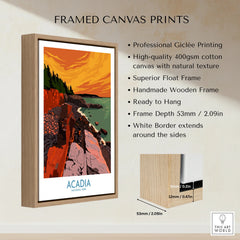 Acadia National Park framed canvas print with wooden float frame, features sunset art and product details.