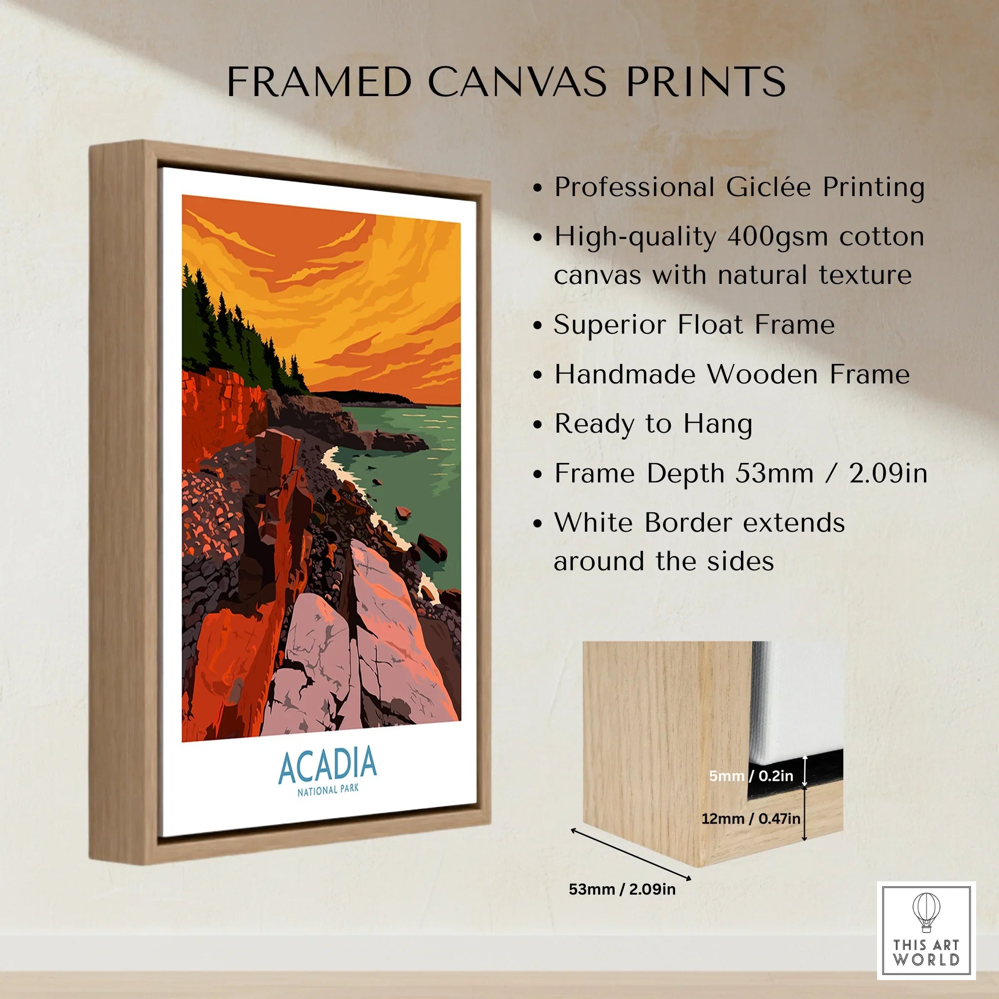 Acadia National Park framed canvas print with wooden float frame, features sunset art and product details.