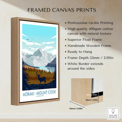 Framed canvas print of Aoraki Mount Cook with float frame, deer silhouette, and mountain landscape