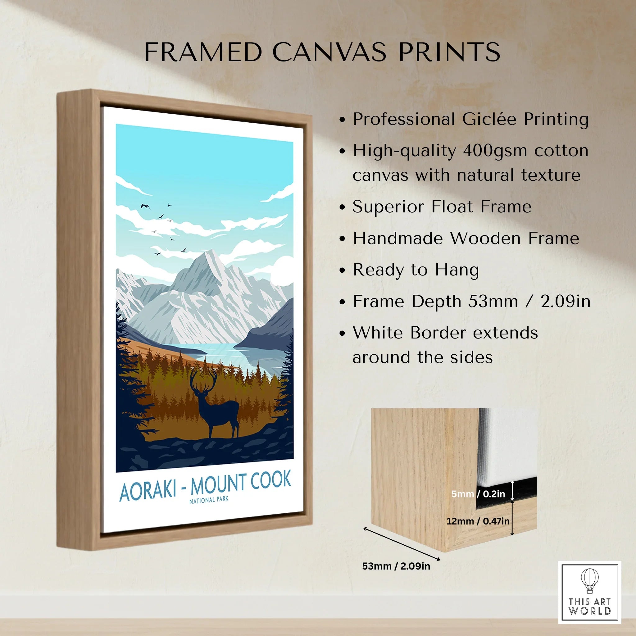 Framed canvas print of Aoraki Mount Cook with float frame, deer silhouette, and mountain landscape