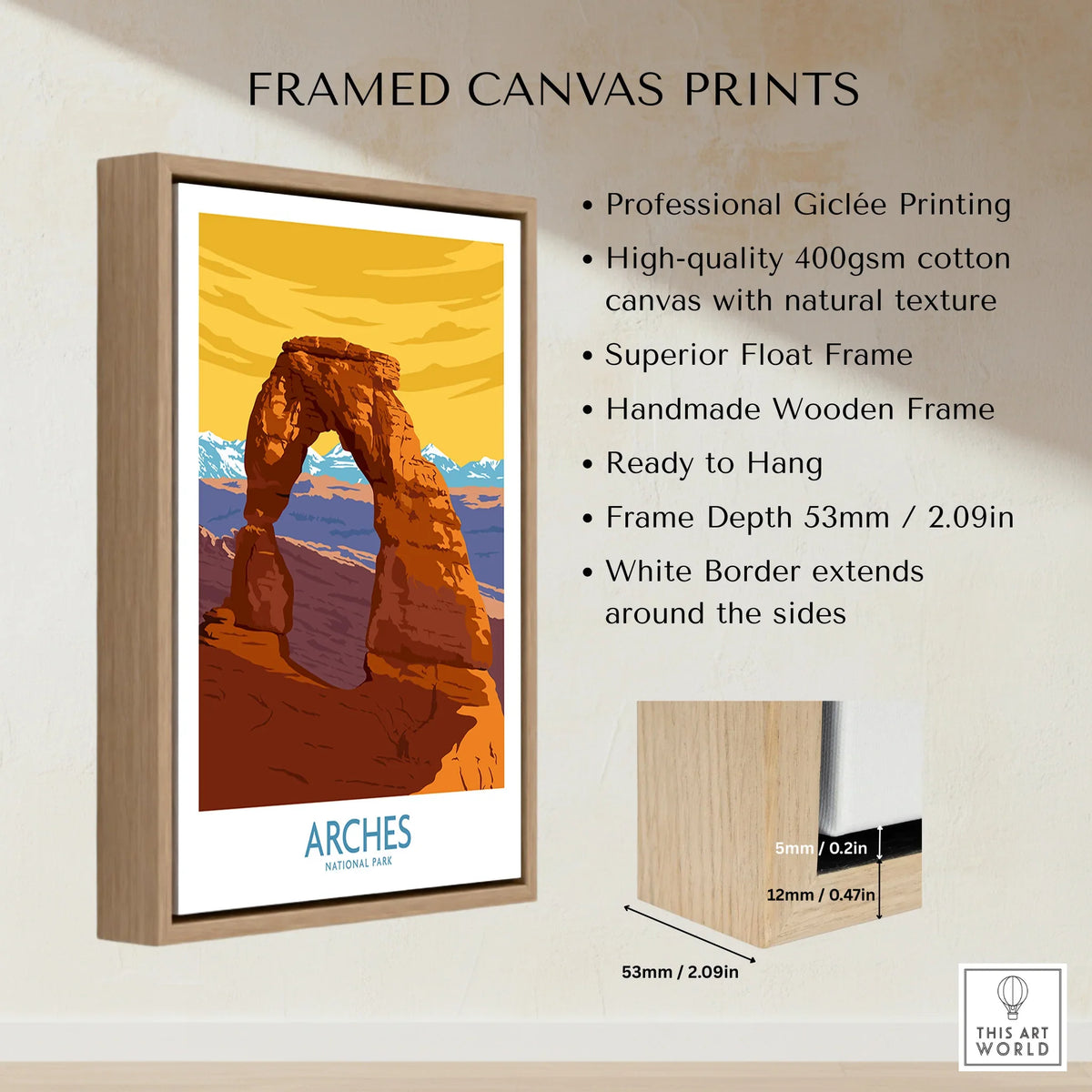 Arches National Park framed canvas print with wooden float frame and detailed side view.