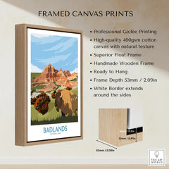 Badlands National Park framed canvas print with bison, float frame and wood details.