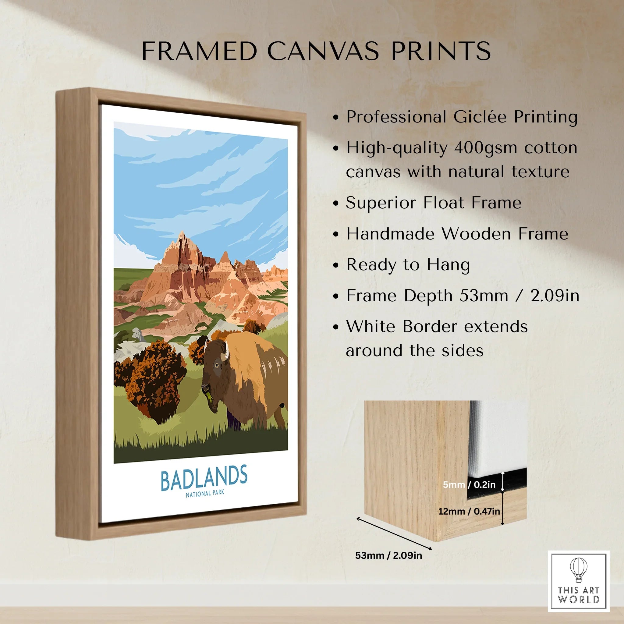 Badlands National Park framed canvas print with bison, float frame and wood details.