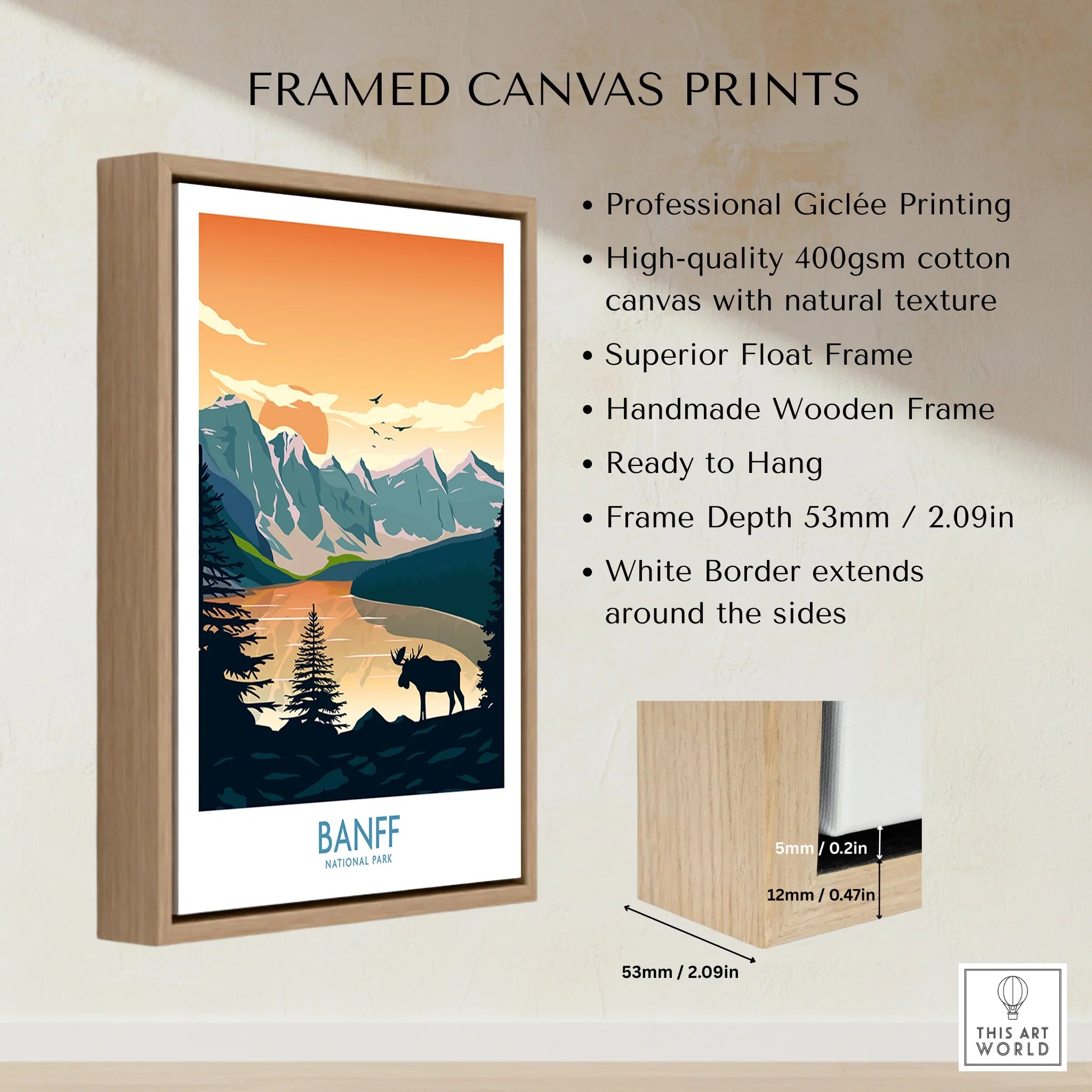 Framed Banff National Park canvas print with mountain landscape and float frame details.