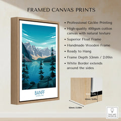 Banff National Park framed canvas print with mountain lake art, float wooden frame details.