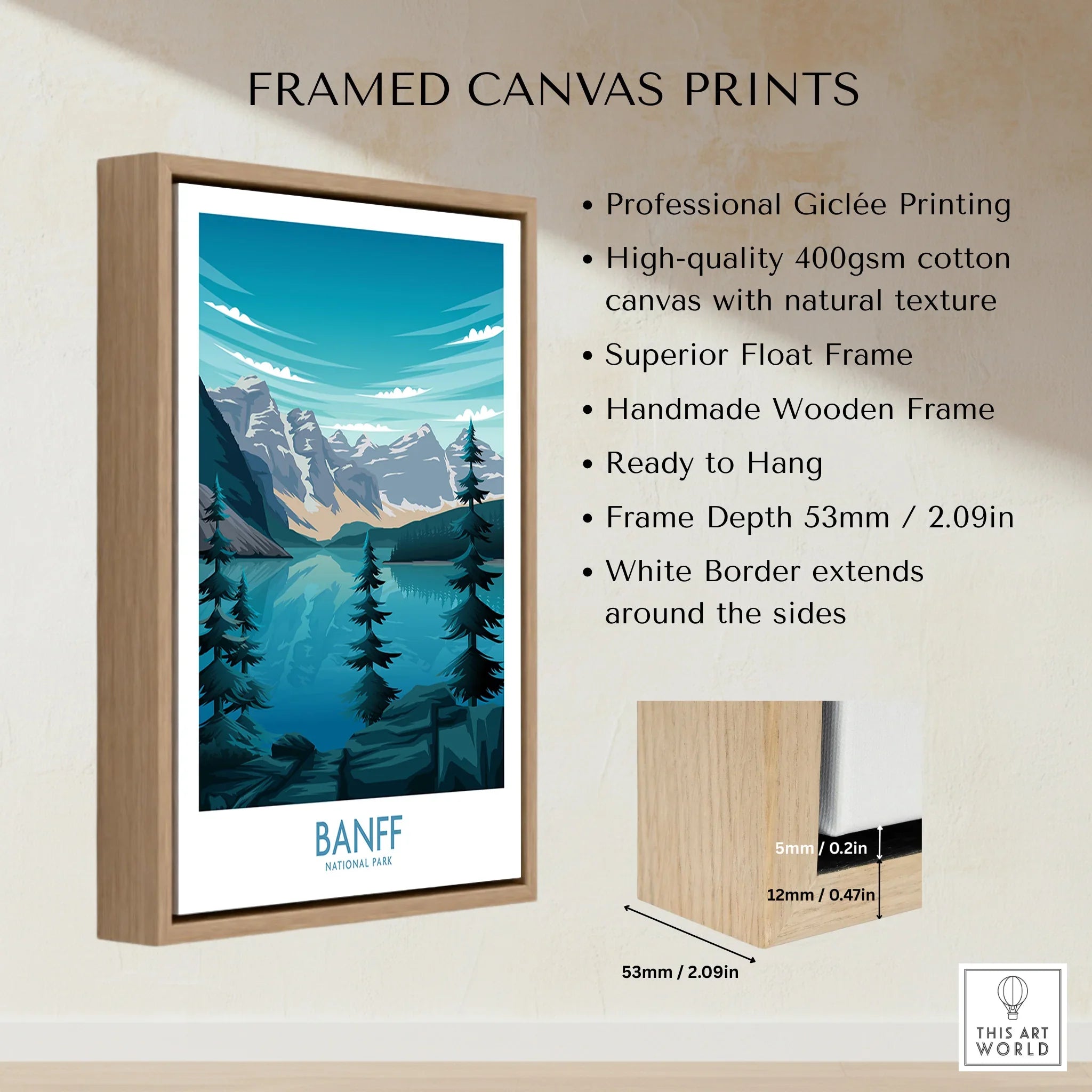 Banff National Park framed canvas print with mountain lake art, float wooden frame details.