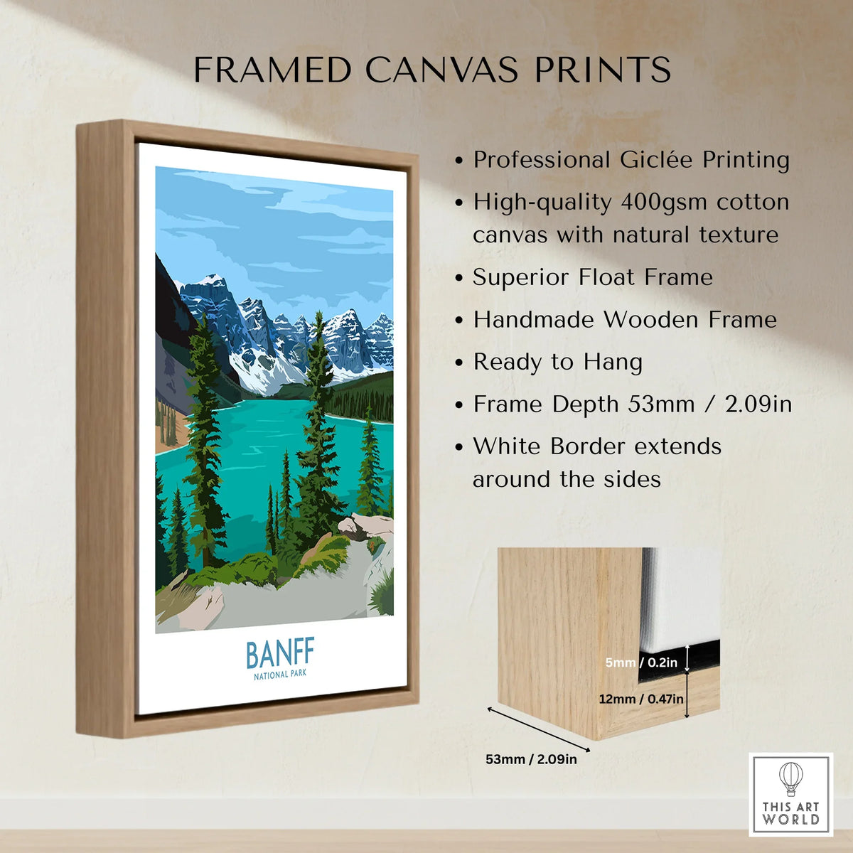 Banff National Park framed canvas print with float wooden frame, wall art details shown.