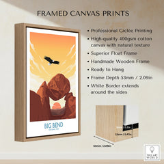 Framed canvas print of Big Bend National Park at sunset with eagle and floating wooden frame
