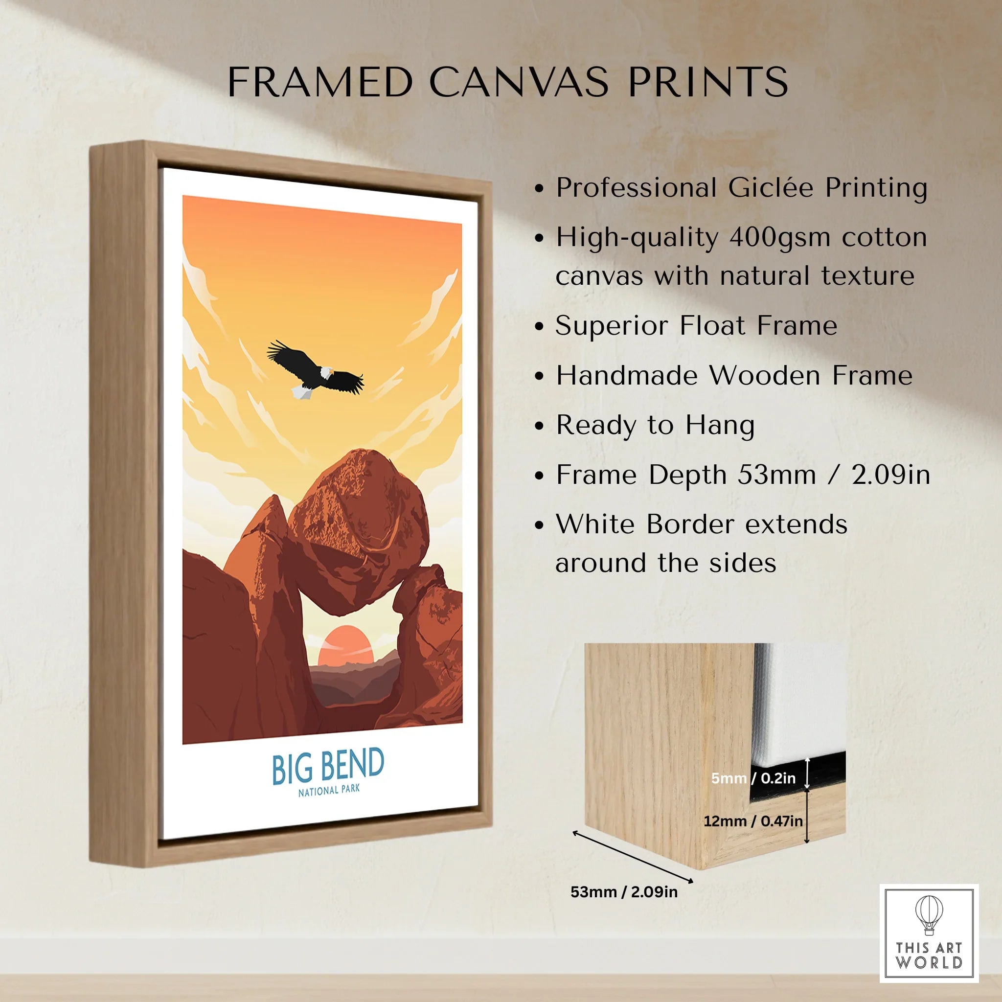 Framed canvas print of Big Bend National Park at sunset with eagle and floating wooden frame