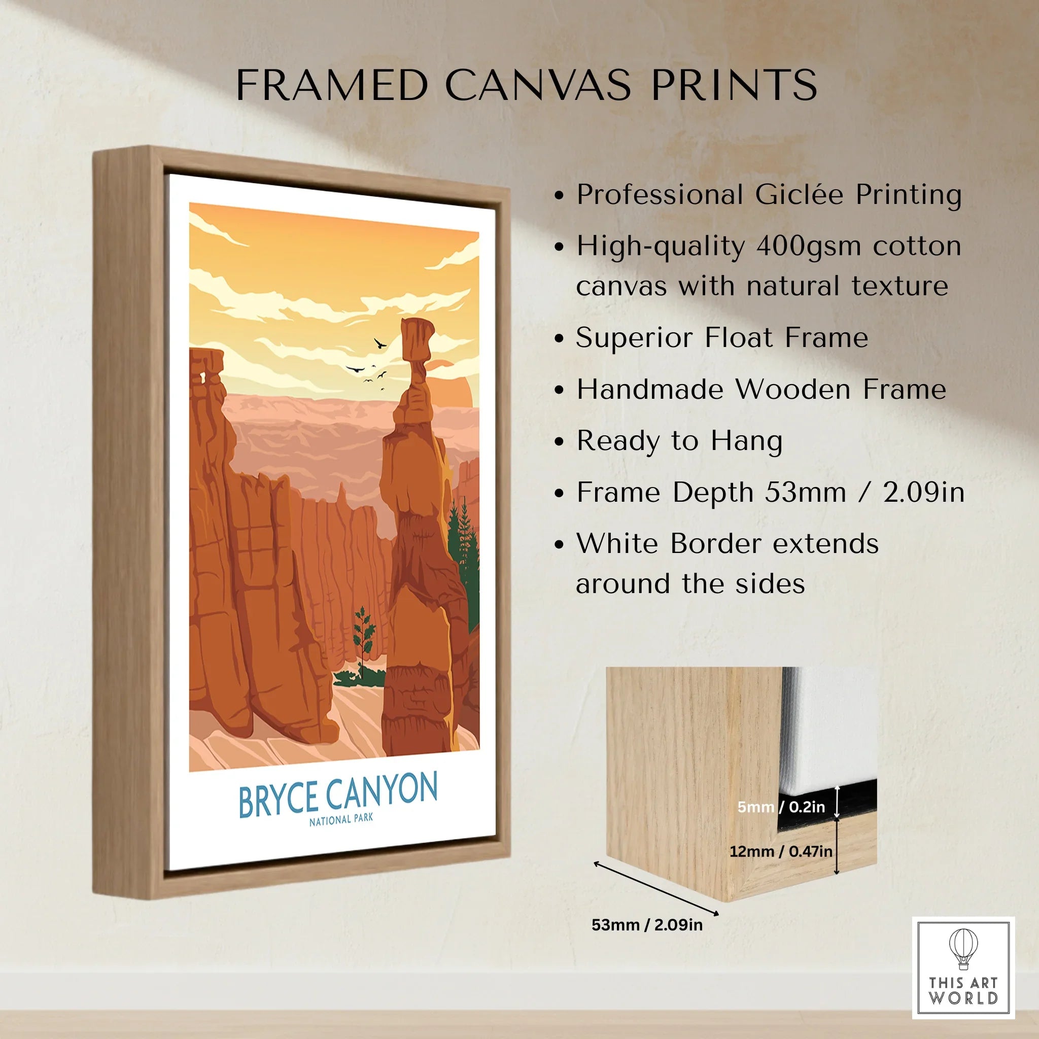 Framed Bryce Canyon National Park canvas print with wooden float frame and wall art features list