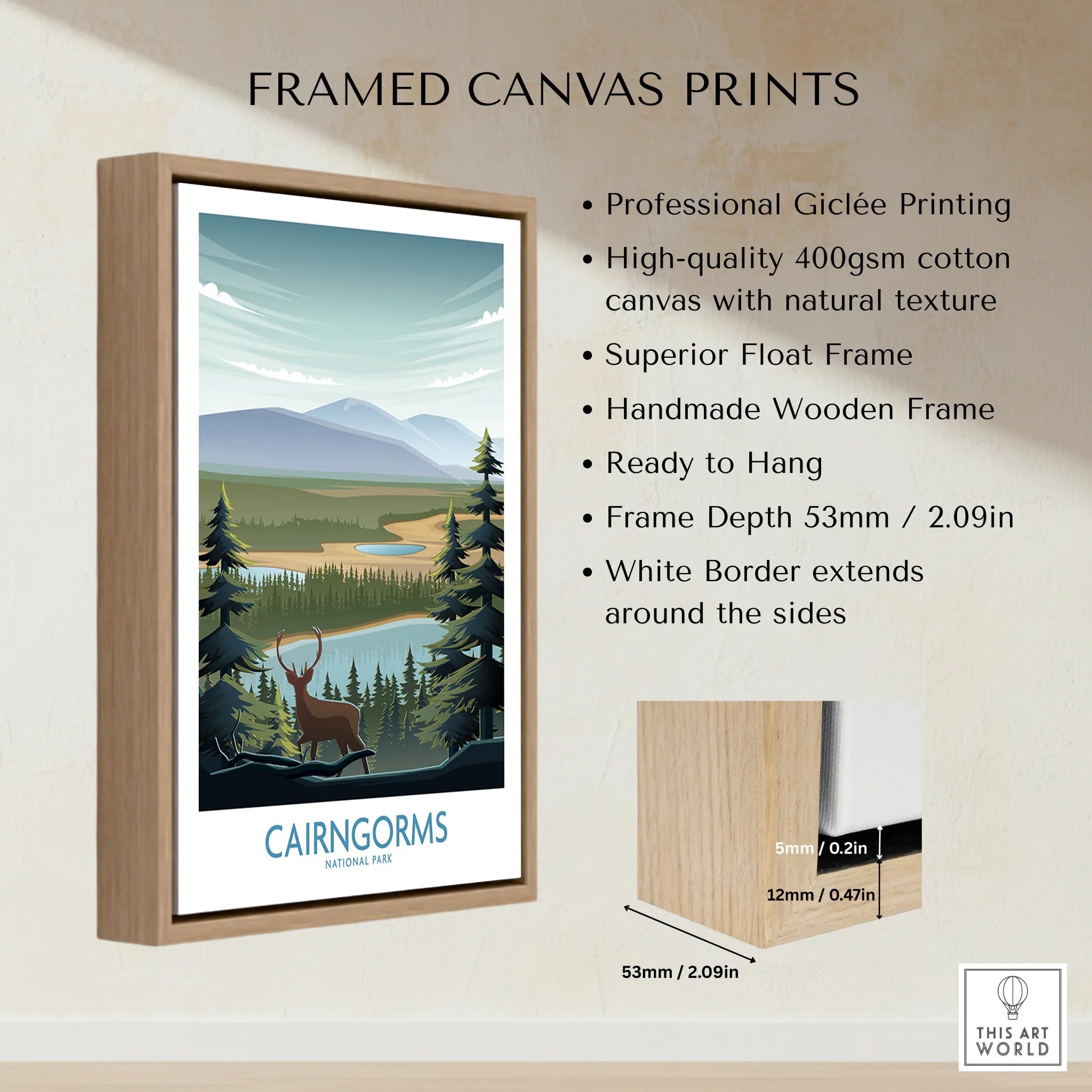 Cairngorms National Park framed canvas print with deer illustration, float wooden frame, wall art details.