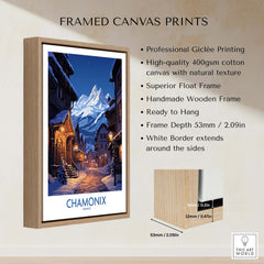 Framed canvas print featuring a scenic Chamonix Print with snowy mountains and a charming village.