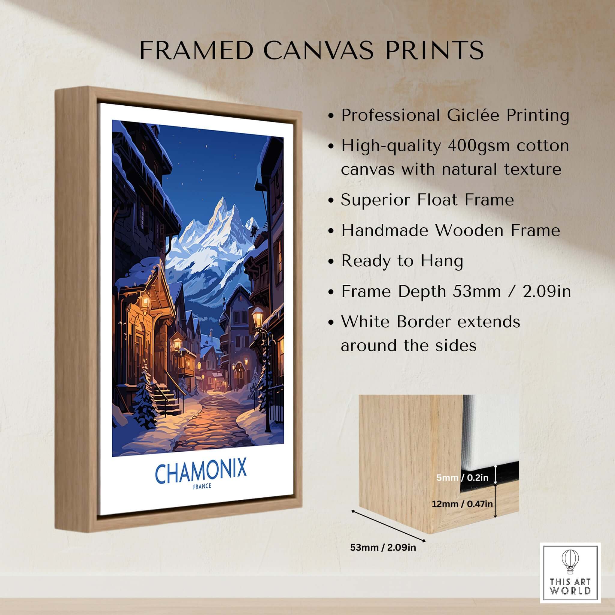 Framed canvas print featuring a scenic Chamonix Print with snowy mountains and a charming village.