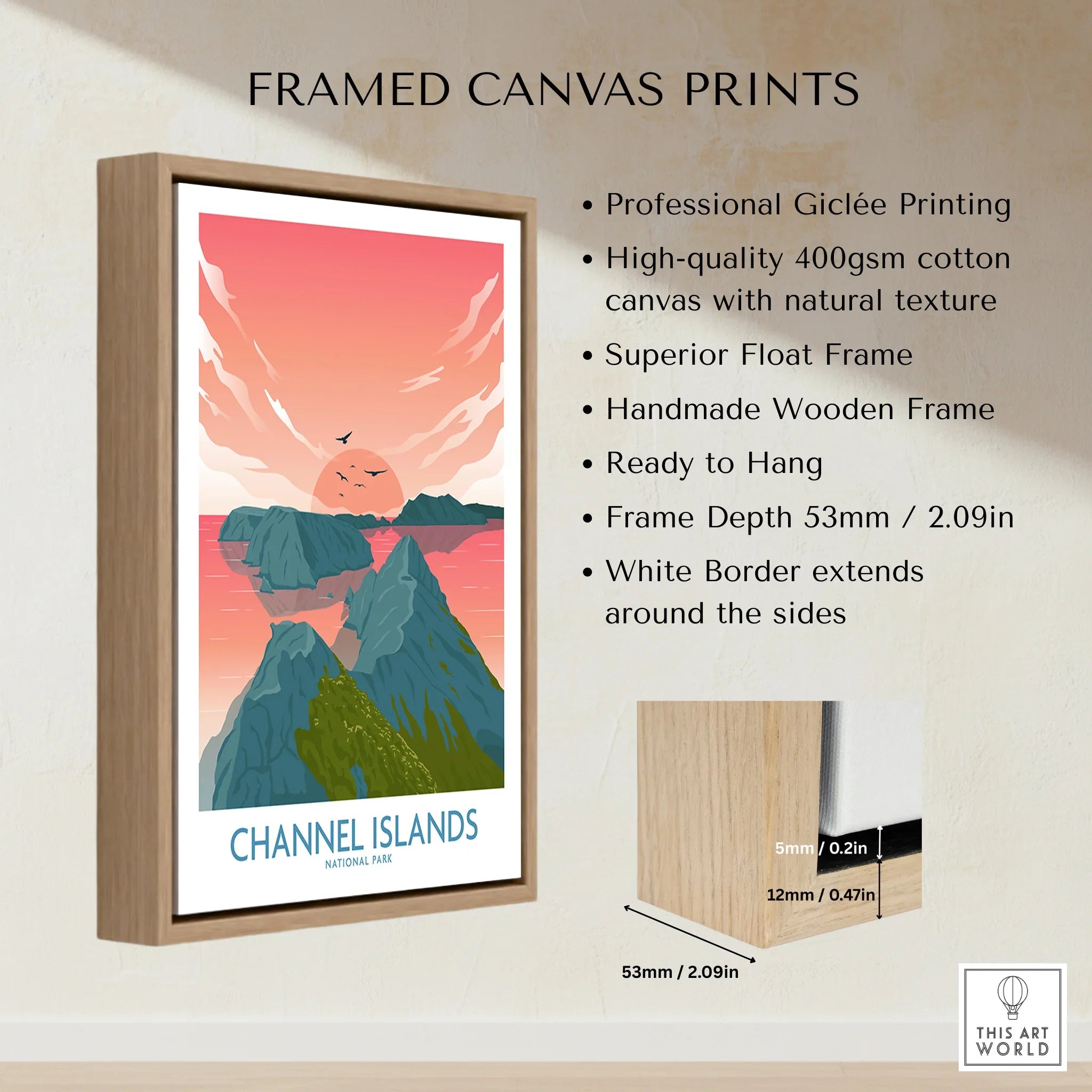 Framed canvas print of Channel Islands National Park travel poster with wooden float frame