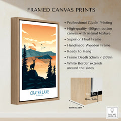 Framed canvas print of Crater Lake National Park with deer silhouette and wooden float frame.