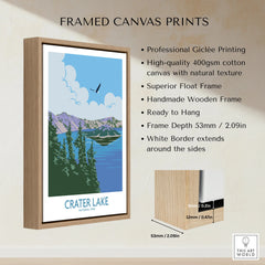 Framed canvas print of Crater Lake National Park with float frame and wall art features listed.