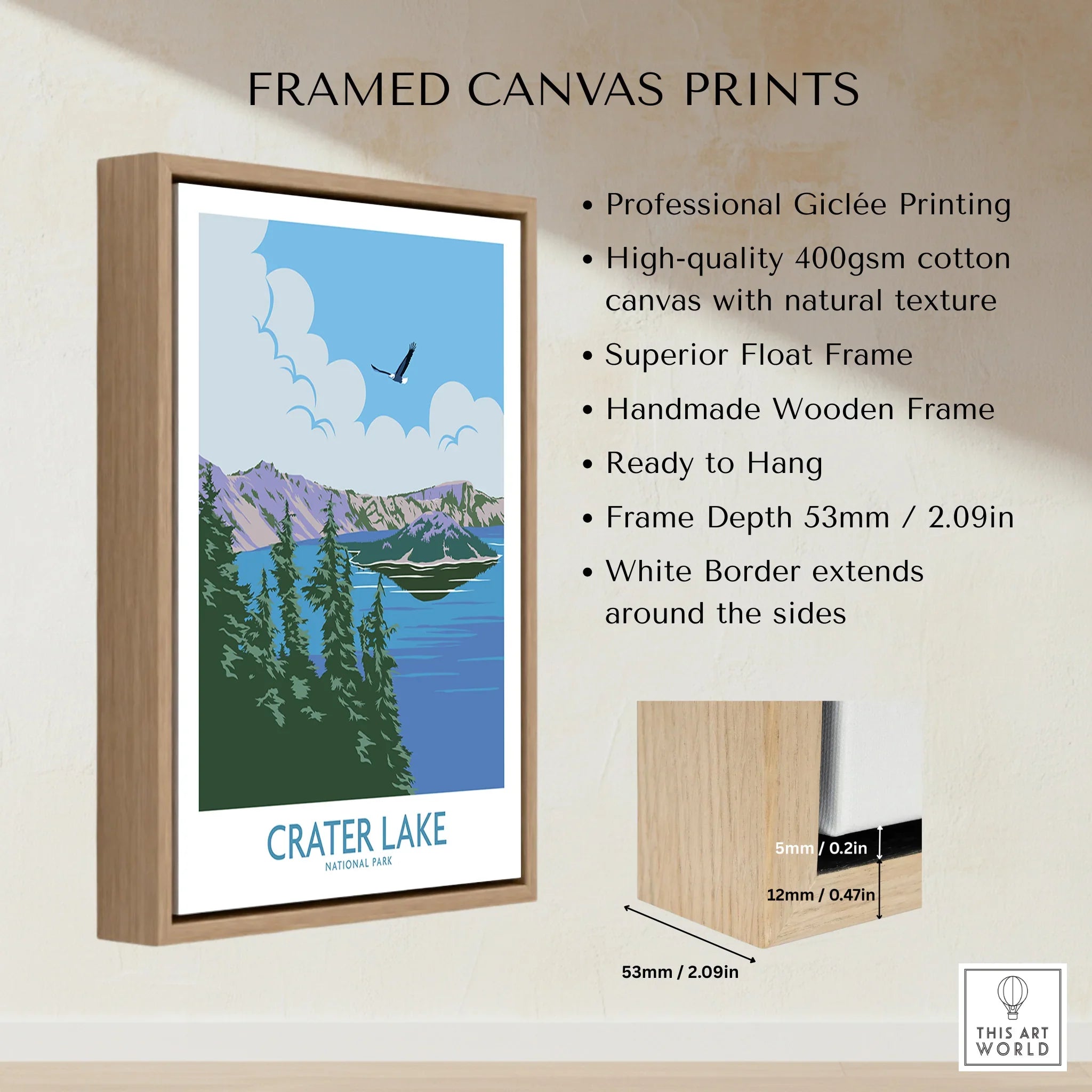 Framed canvas print of Crater Lake National Park with float frame and wall art features listed.